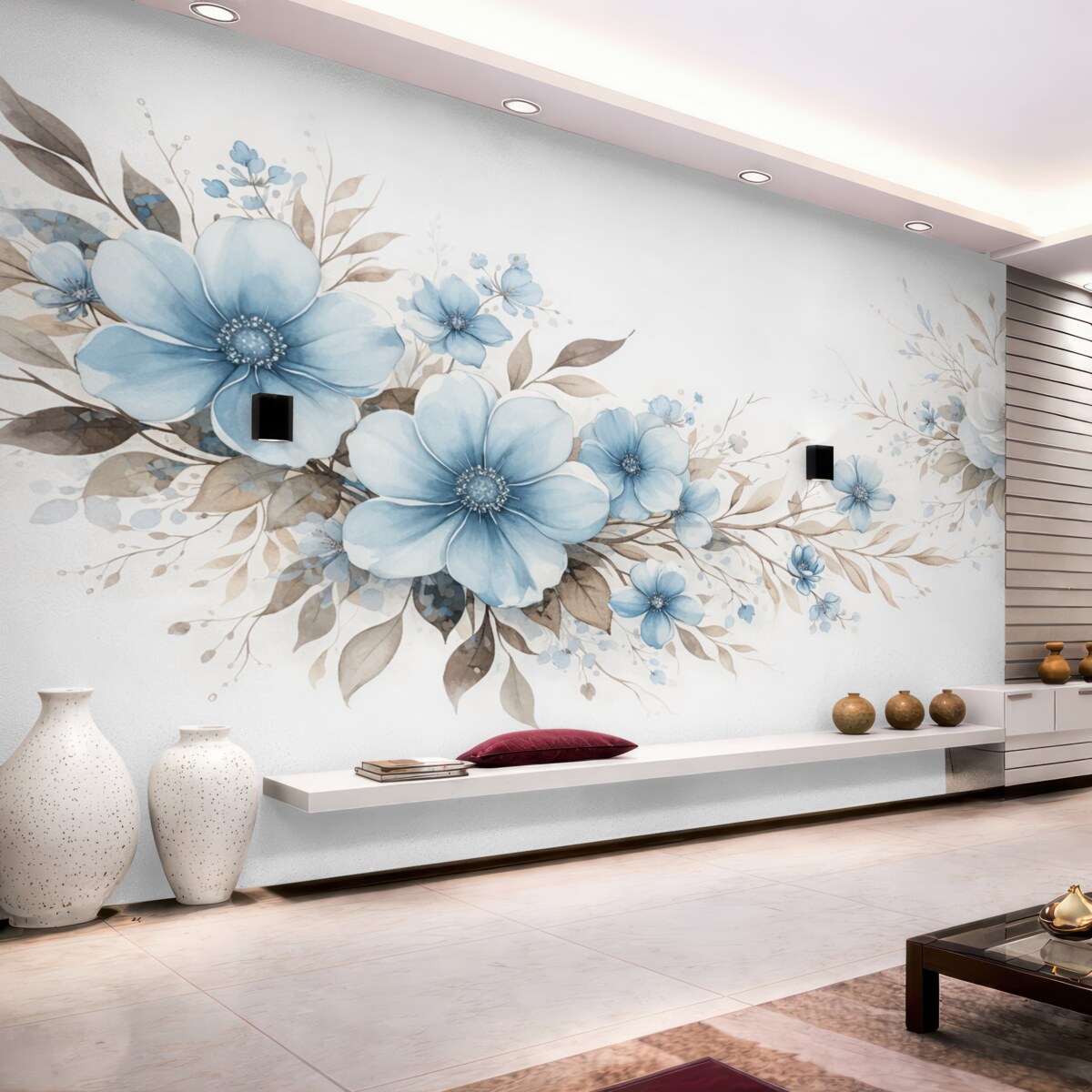 Fototapeta Układ kwiatowy z niebieskimi roślinami i brązowymi liśćmi.