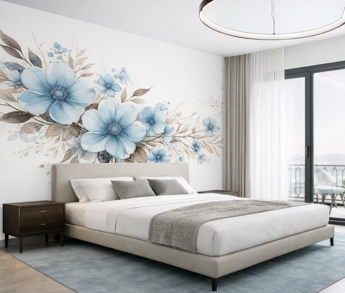 Fototapeta Układ kwiatowy z niebieskimi roślinami i brązowymi liśćmi.