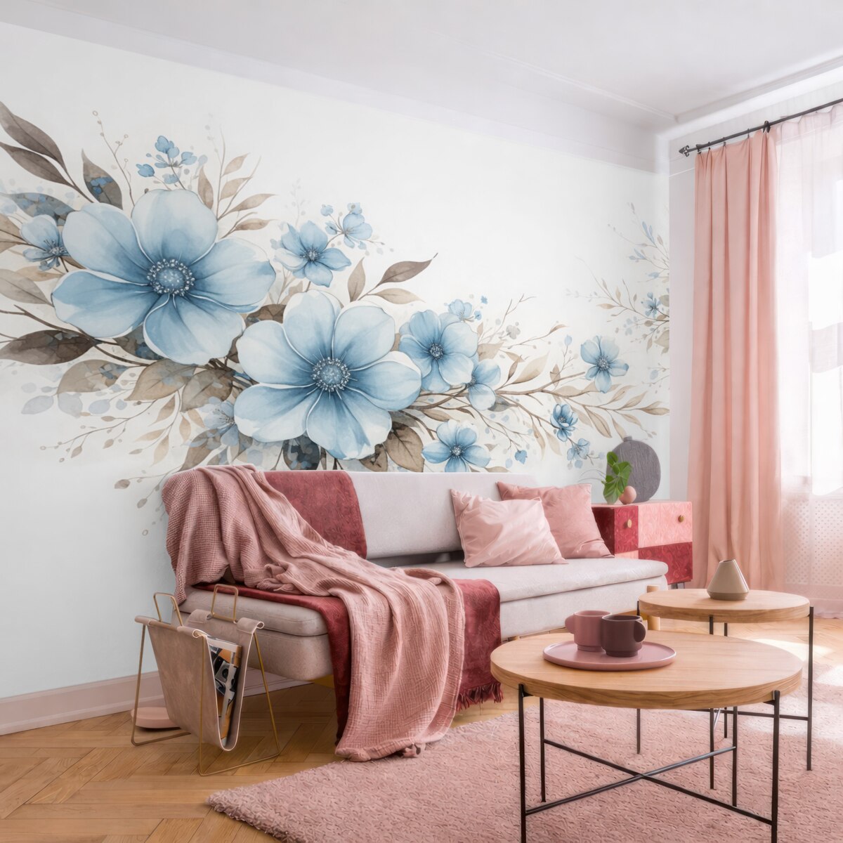 Fototapeta Układ kwiatowy z niebieskimi roślinami i brązowymi liśćmi.