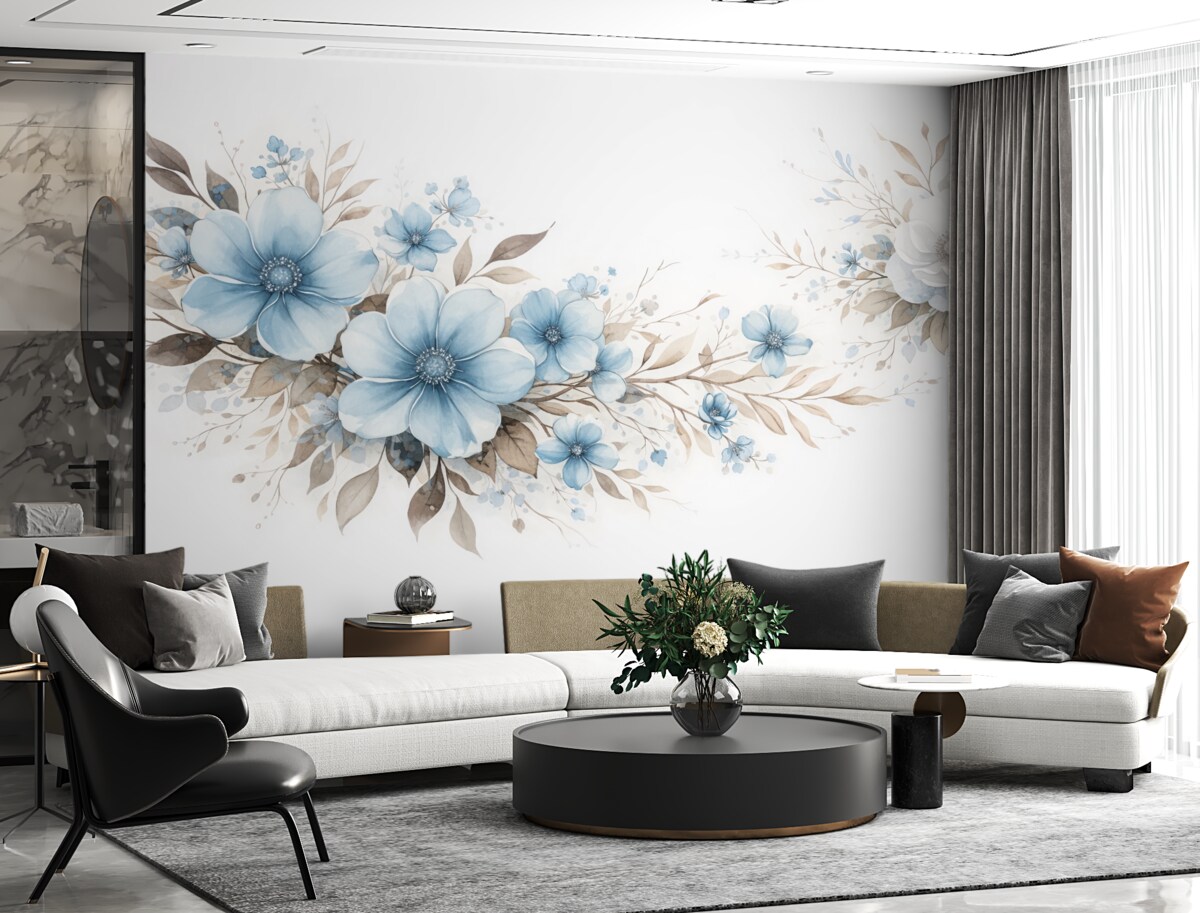 Fototapeta Układ kwiatowy z niebieskimi roślinami i brązowymi liśćmi.