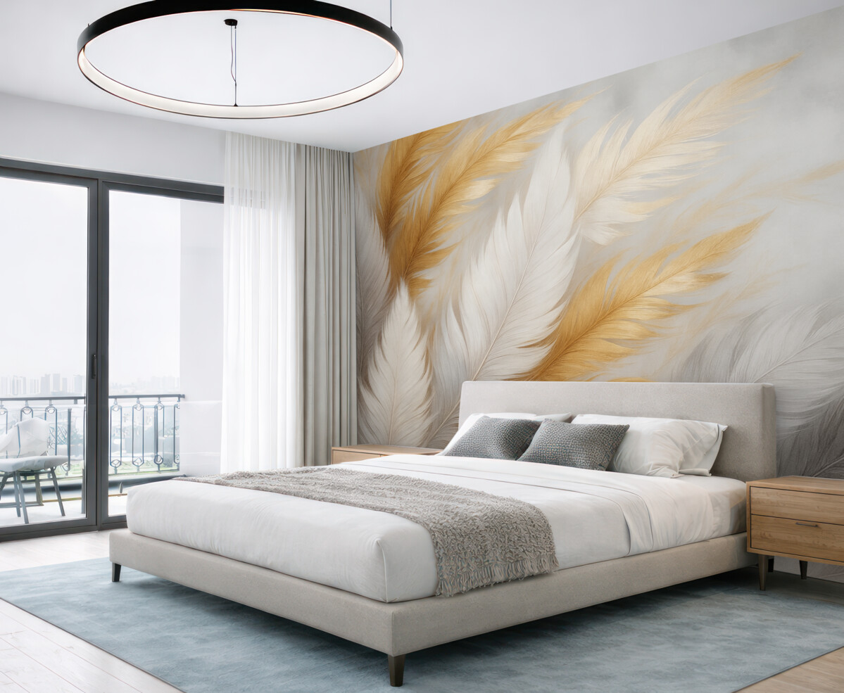 Fototapeta Szare i złote pióra na szarym tle.