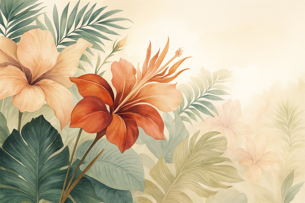 Fototapeta Kwiaty tropikalne z zielonymi liśćmi.