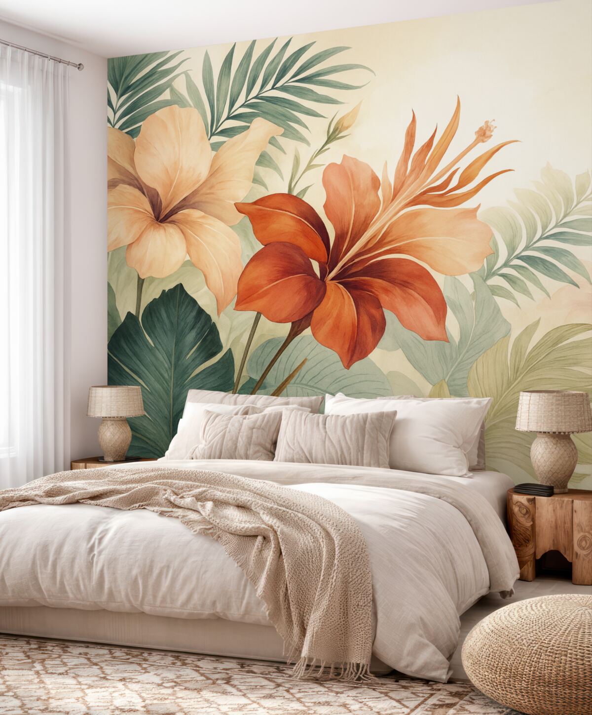 Fototapeta Kwiaty tropikalne z zielonymi liśćmi.