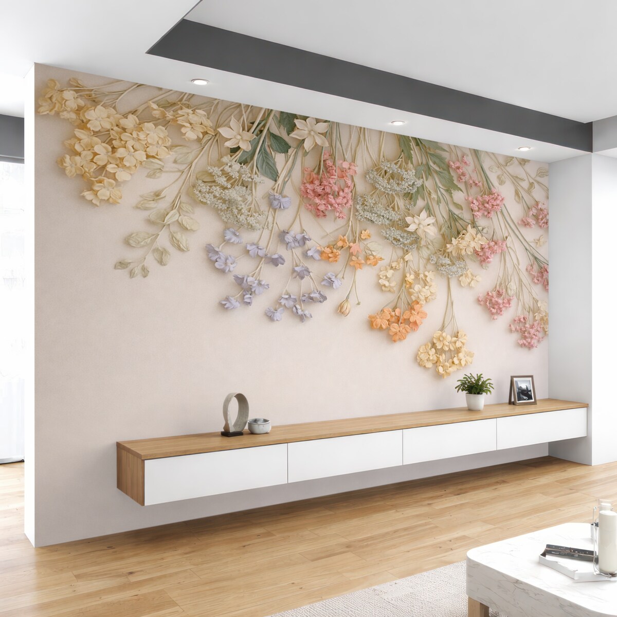 Fototapeta Powieszone szerokie łąkowe kwiaty na jasnobeżowym tle.