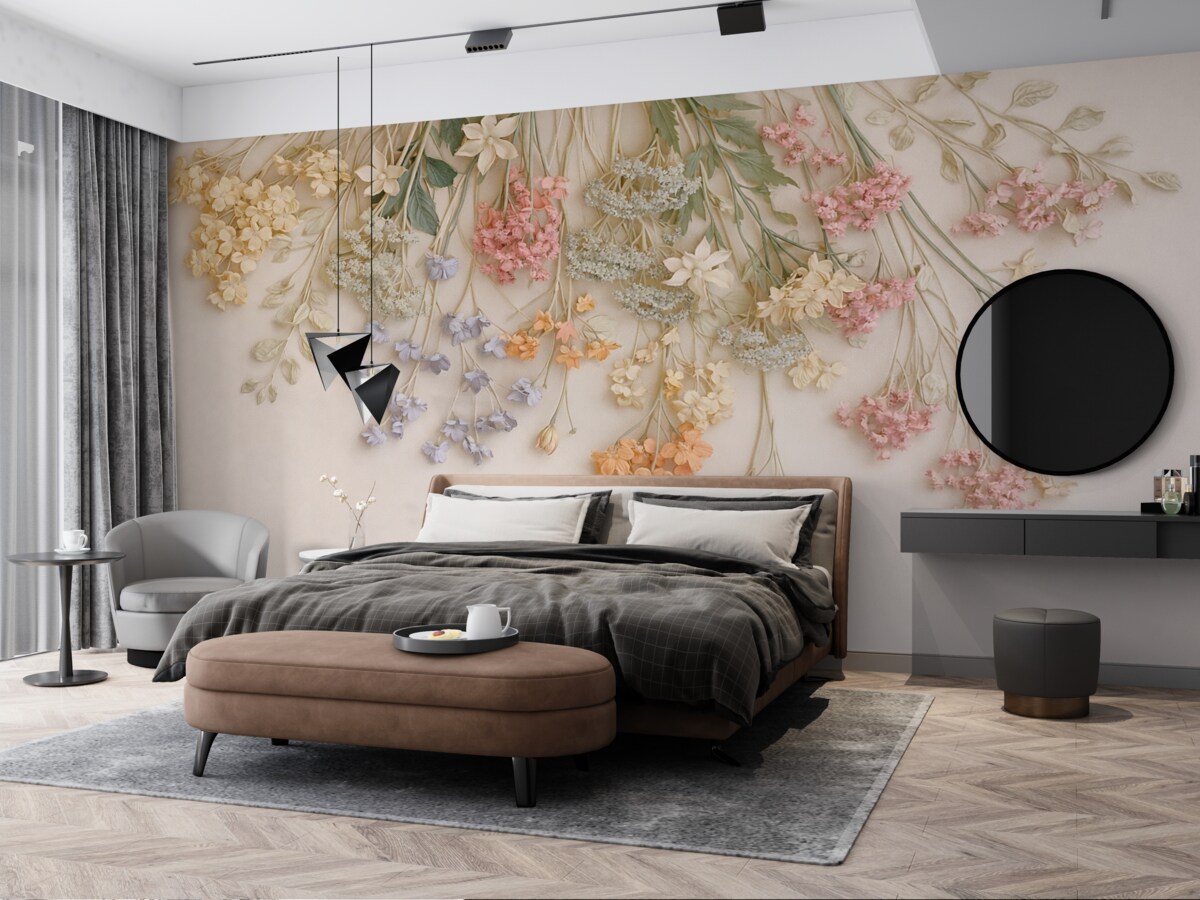 Fototapeta Powieszone szerokie łąkowe kwiaty na jasnobeżowym tle.