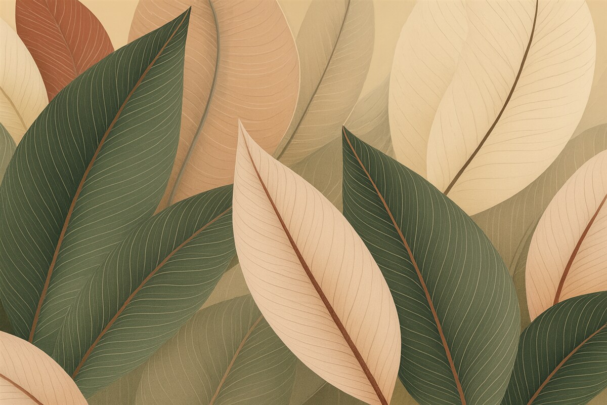 Fototapeta Zbliżenie liści w odcieniach oliwkowej zieleni oraz różowo-kremowym.