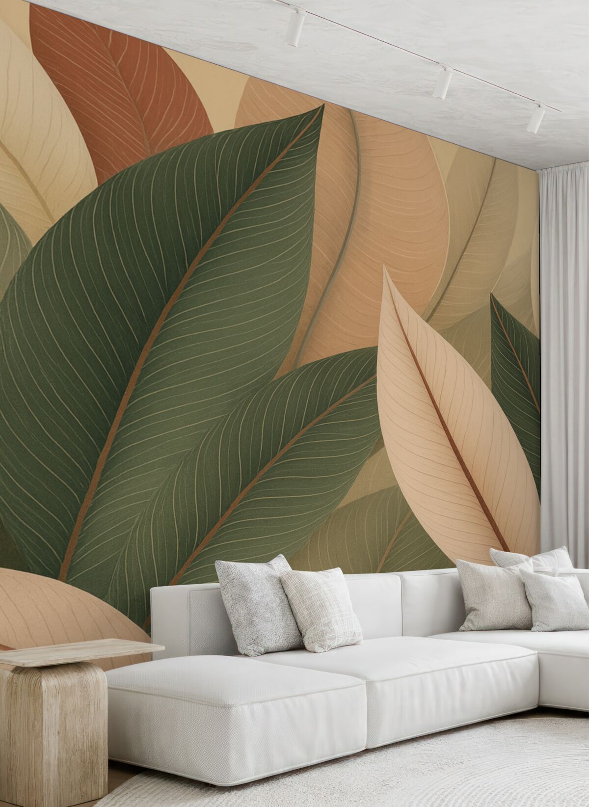 Fototapeta Zbliżenie liści w odcieniach oliwkowej zieleni oraz różowo-kremowym.