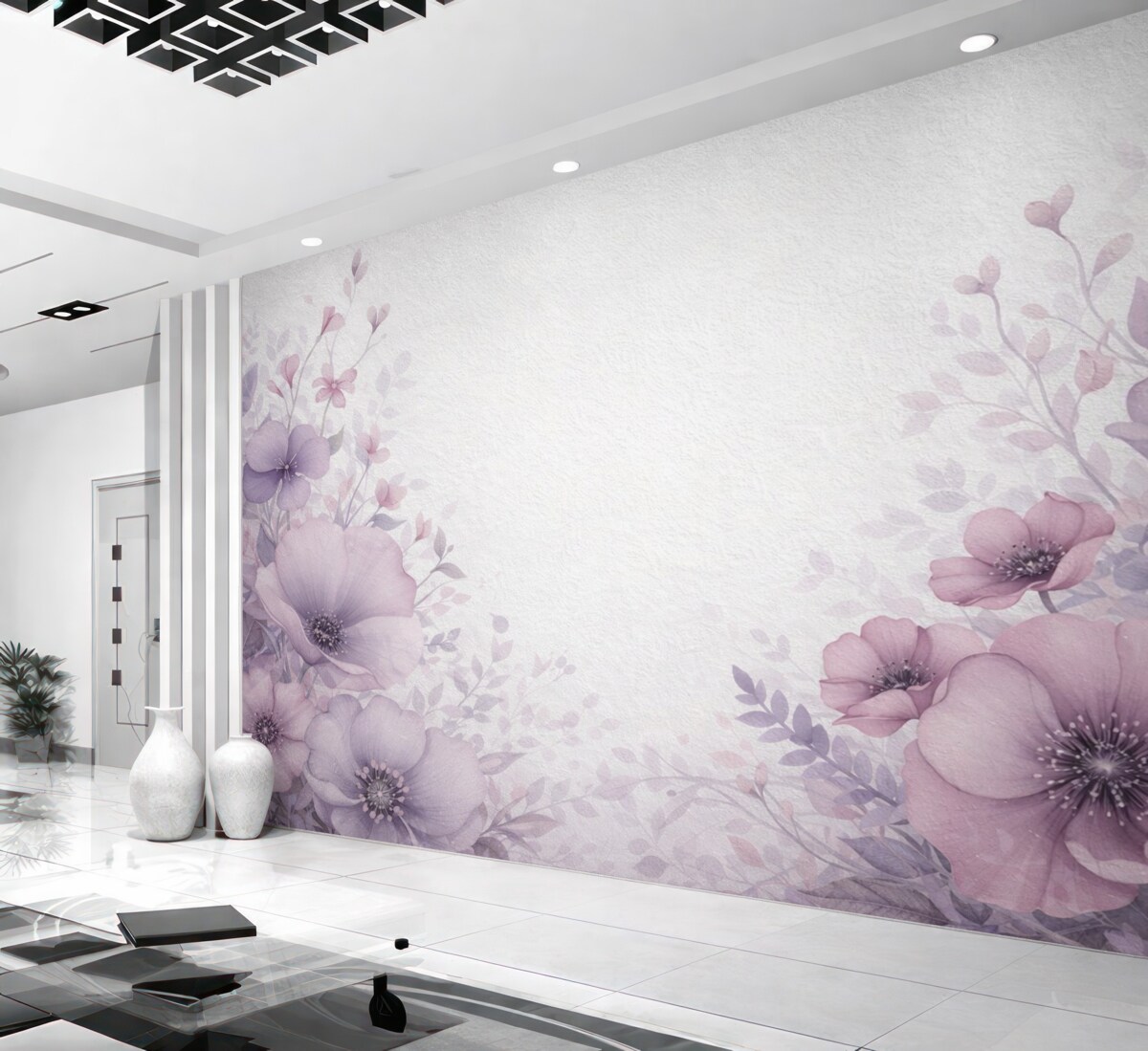 Fototapeta Wielkie kwiaty, naśladujące akwarelę na ścianie z jasnego cementu.
