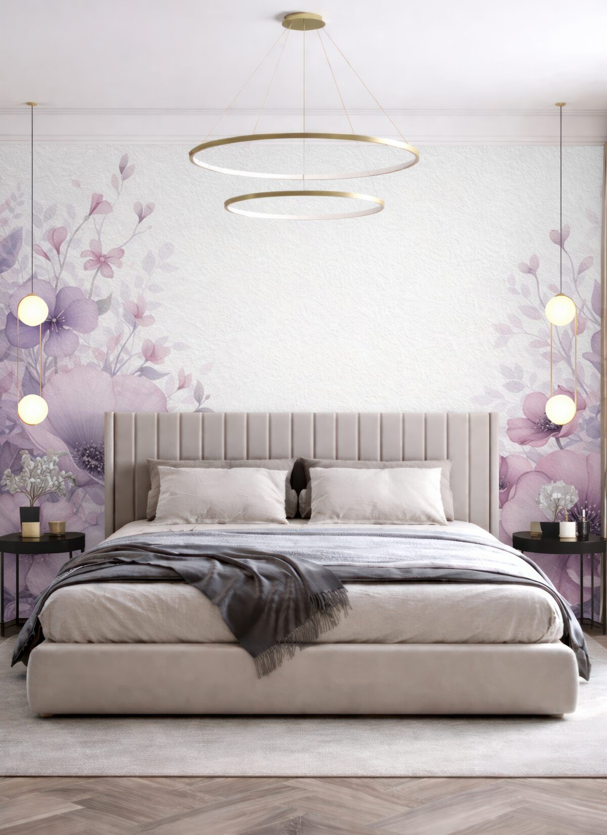 Fototapeta Wielkie kwiaty, naśladujące akwarelę na ścianie z jasnego cementu.