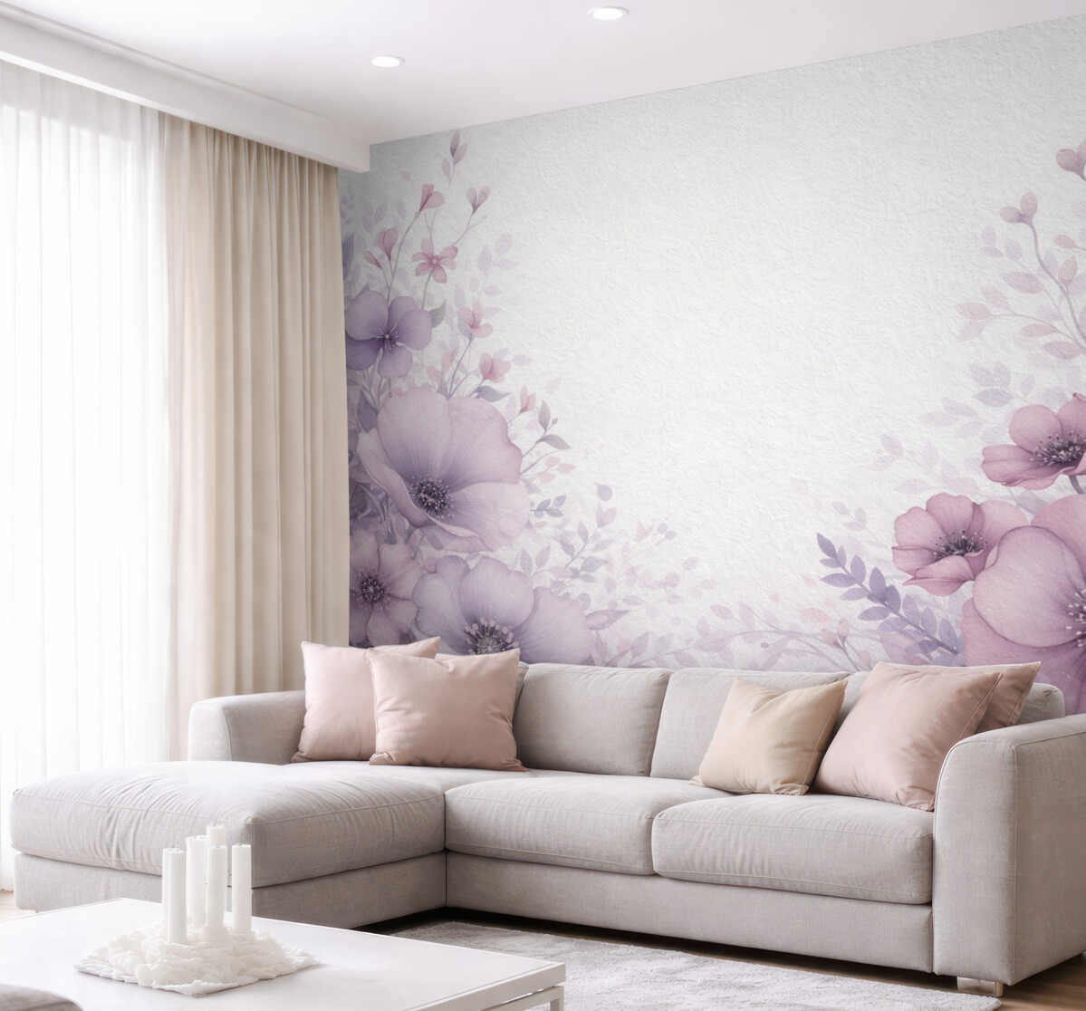 Fototapeta Wielkie kwiaty, naśladujące akwarelę na ścianie z jasnego cementu.