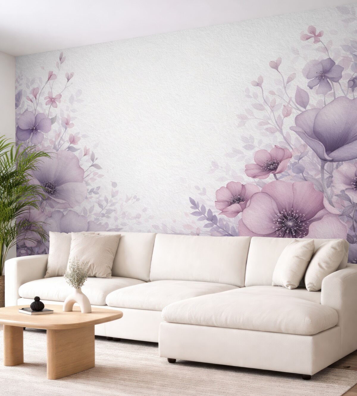 Fototapeta Wielkie kwiaty, naśladujące akwarelę na ścianie z jasnego cementu.