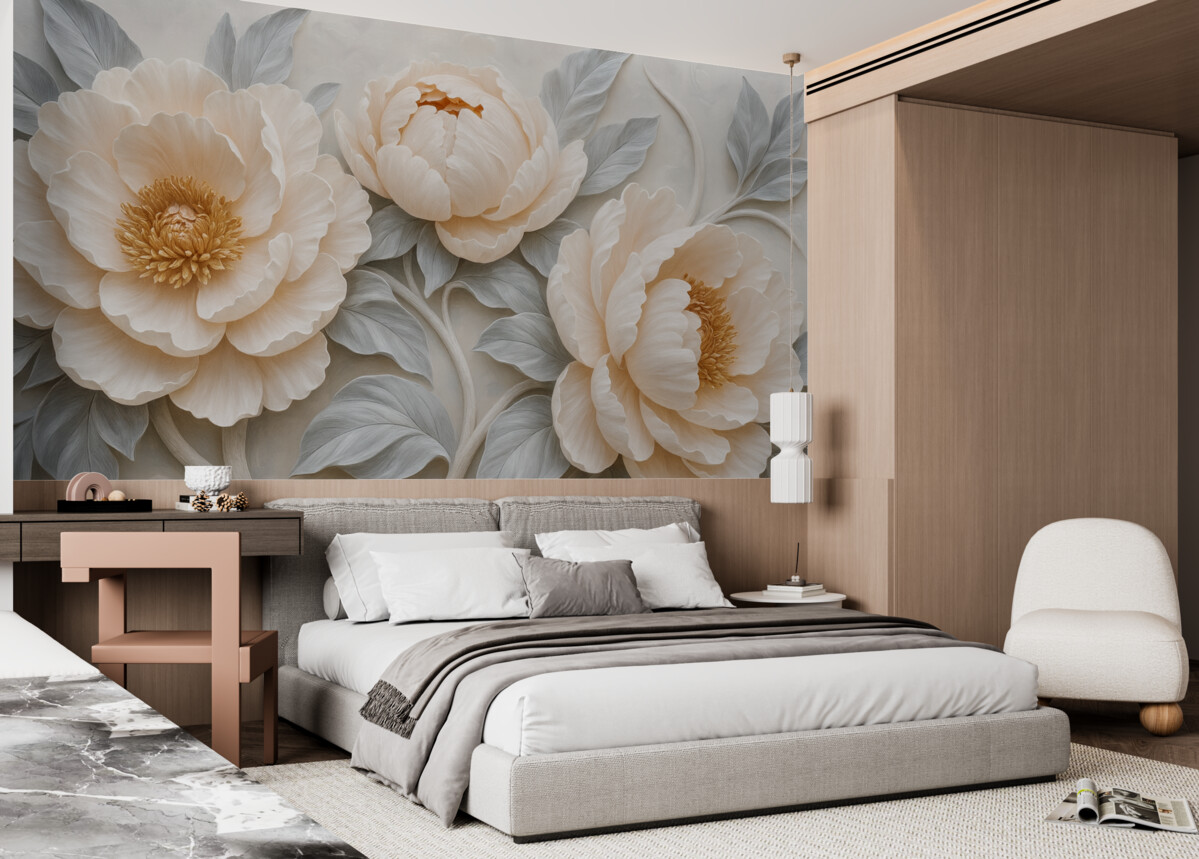 Fototapeta Fantastyczne ogromne piwonie z liśćmi w stylu malarstwa ściennego.