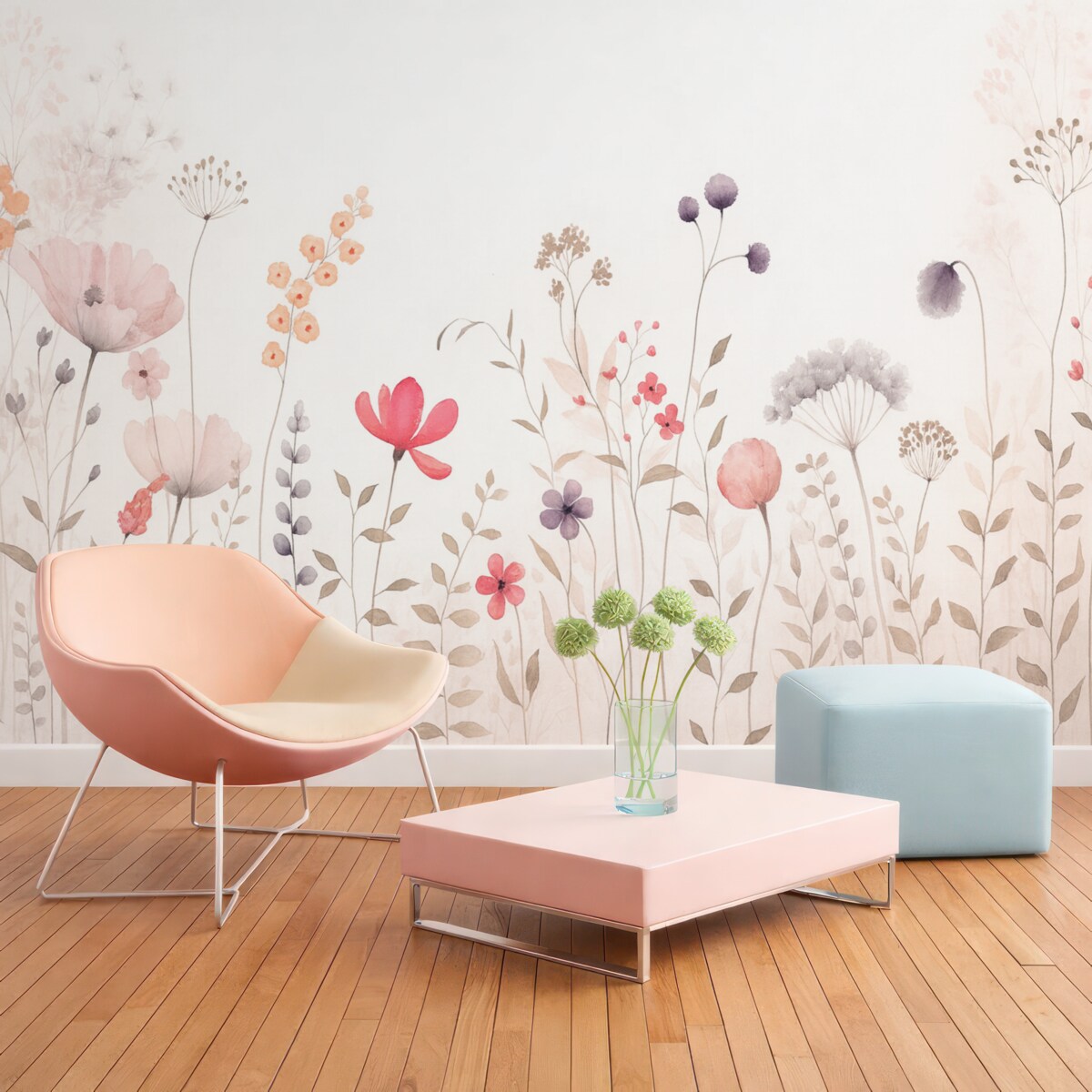 Fototapeta Kwiaty akwarelowe z makami, chryzantemami, mniszkiem i trawą.