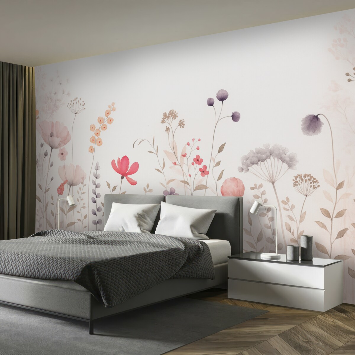 Fototapeta Kwiaty akwarelowe z makami, chryzantemami, mniszkiem i trawą.