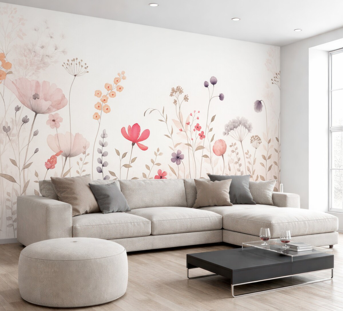 Fototapeta Kwiaty akwarelowe z makami, chryzantemami, mniszkiem i trawą.