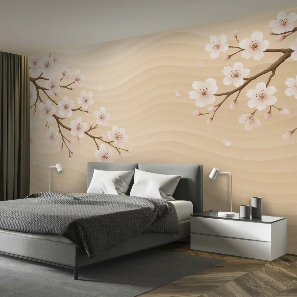 Fototapeta Gałęzie sakury na falującym, piaszczystym tle.