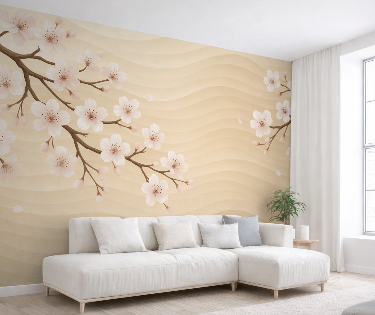 Fototapeta Gałęzie sakury na falującym, piaszczystym tle.