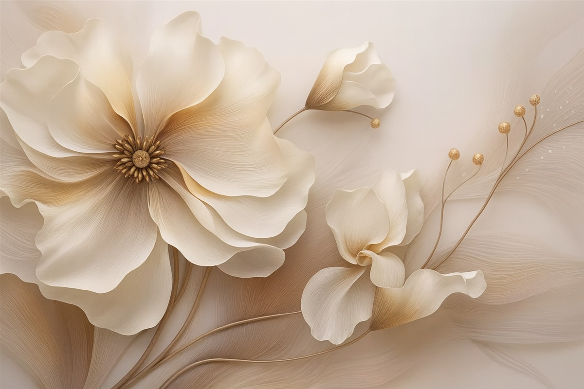 Fototapeta Beżowe oraz jasnobrązowe dzikie trawy z kwiatami w tonacjach beżu.