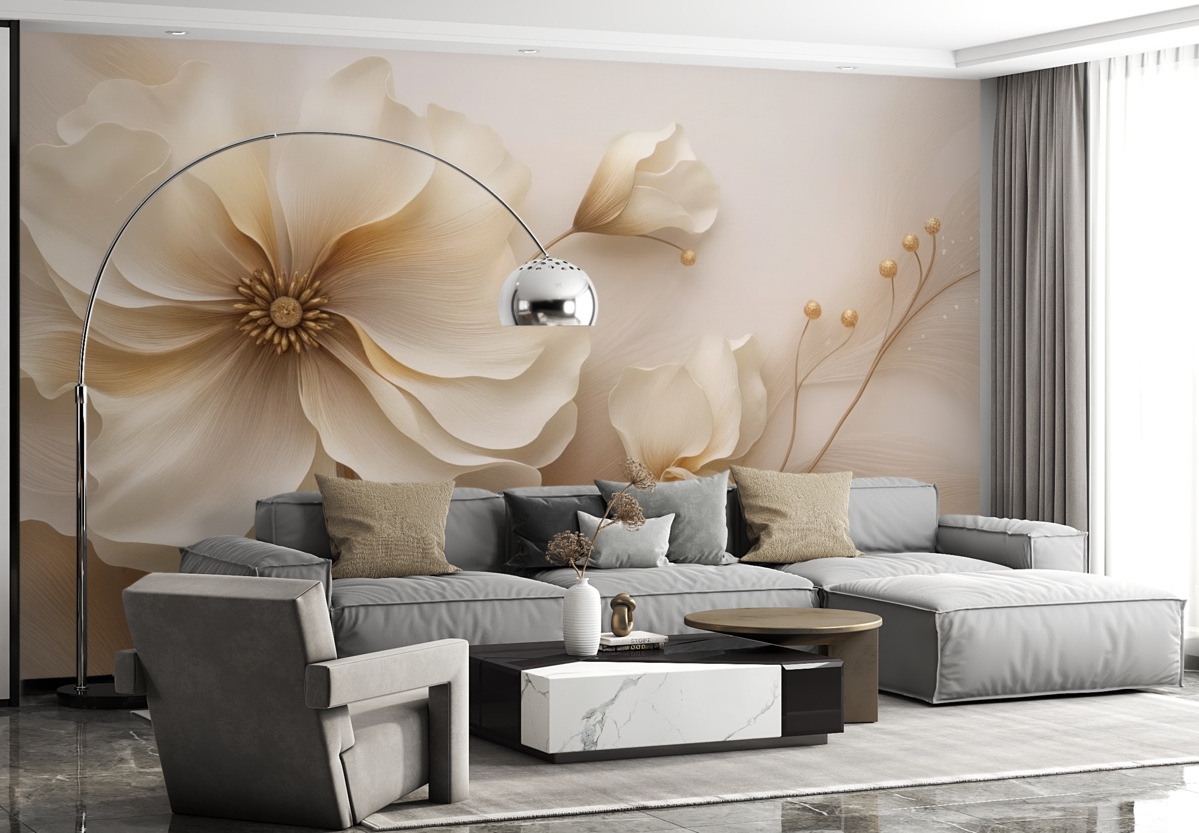 Fototapeta Beżowe oraz jasnobrązowe dzikie trawy z kwiatami w tonacjach beżu.