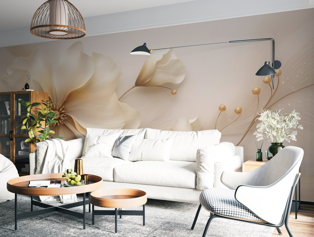 Fototapeta Beżowe oraz jasnobrązowe dzikie trawy z kwiatami w tonacjach beżu.