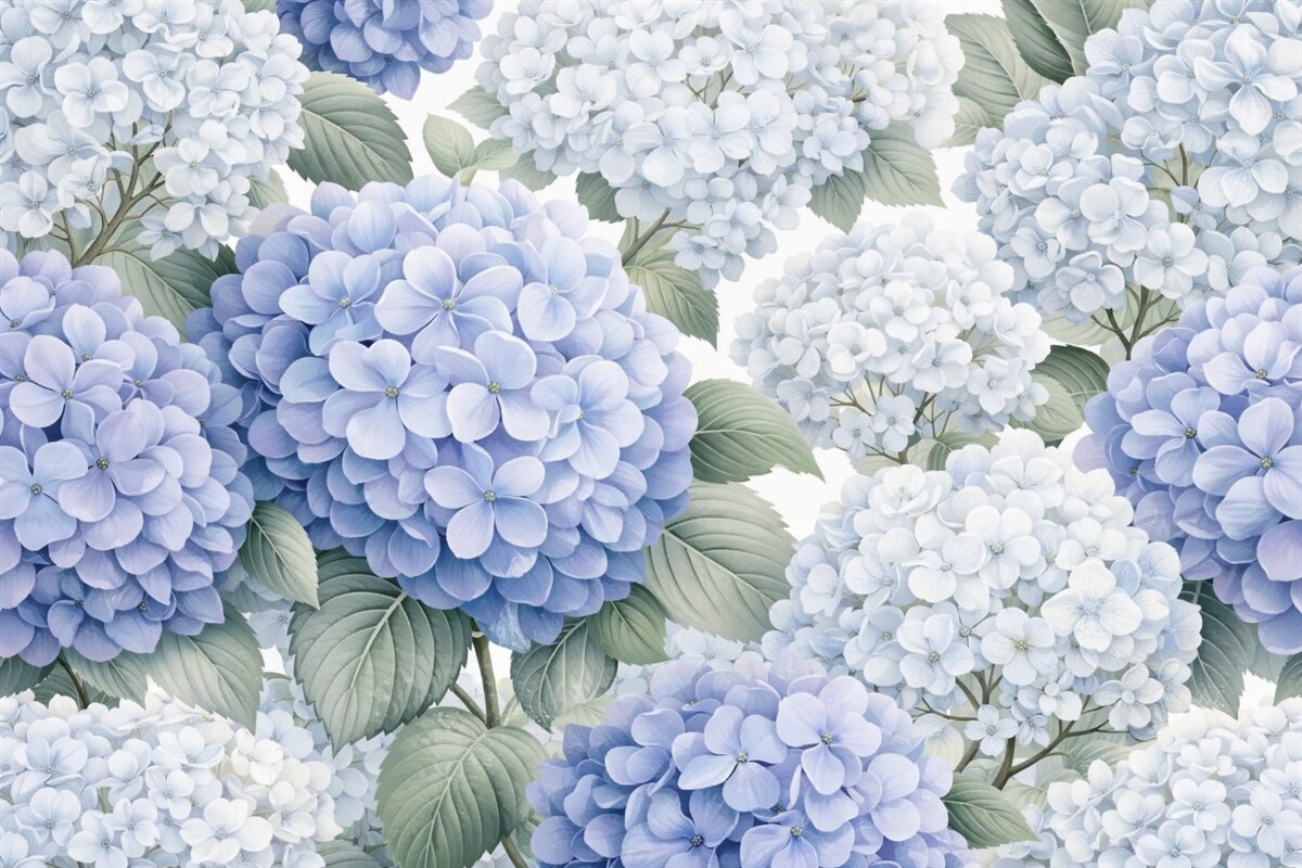 Fototapeta Kompozycja z subtelnie niebieskimi hortensjami oraz liśćmi.