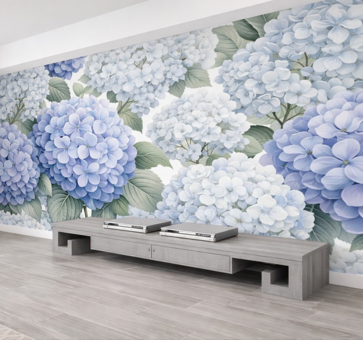 Fototapeta Kompozycja z subtelnie niebieskimi hortensjami oraz liśćmi.