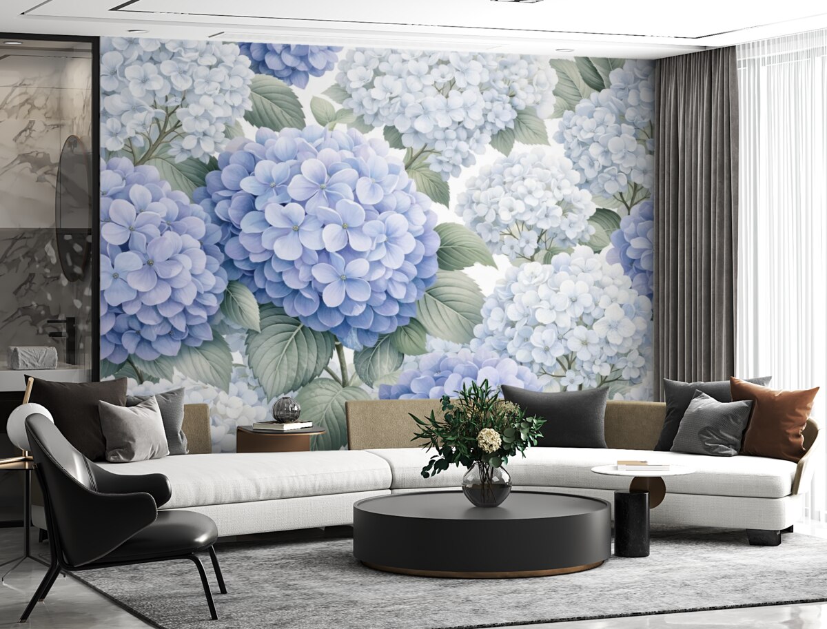 Fototapeta Kompozycja z subtelnie niebieskimi hortensjami oraz liśćmi.