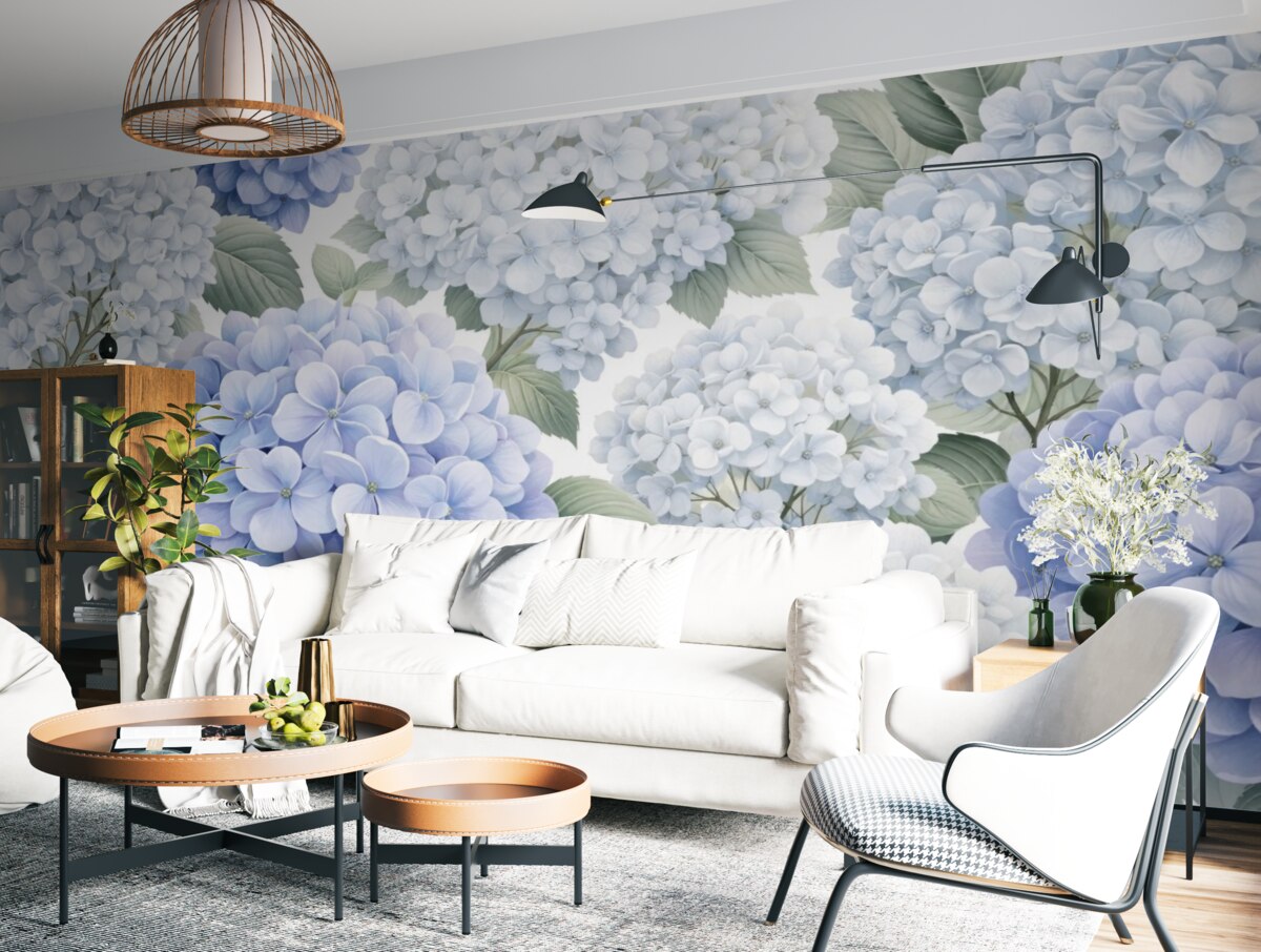 Fototapeta Kompozycja z subtelnie niebieskimi hortensjami oraz liśćmi.