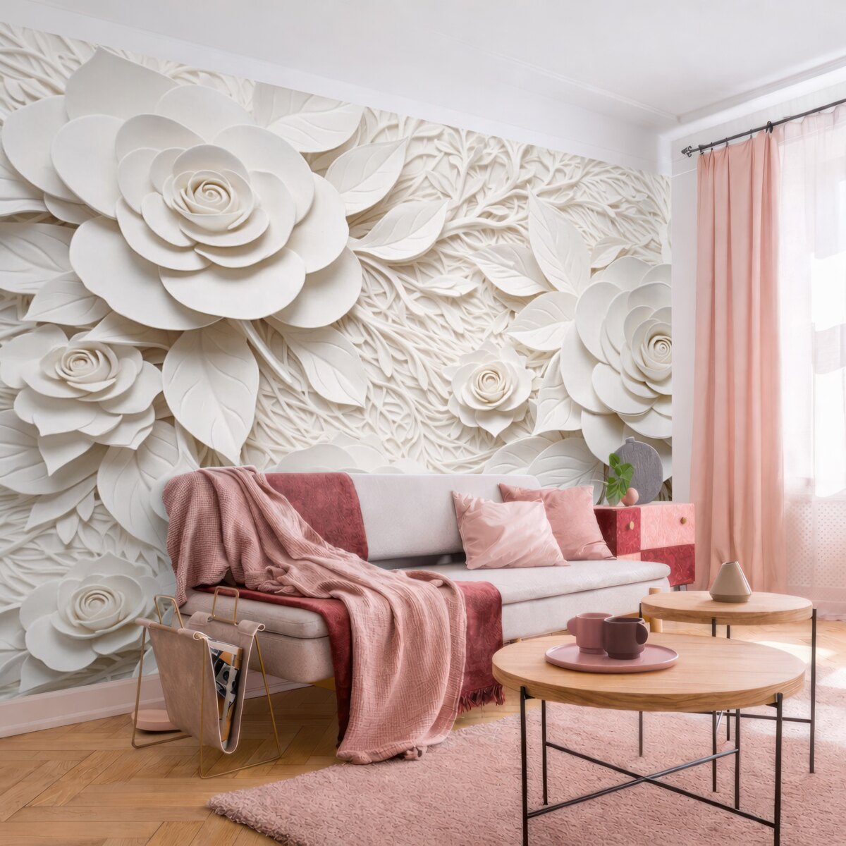 Fototapeta białe róże trójwymiarowe wolumetryczne