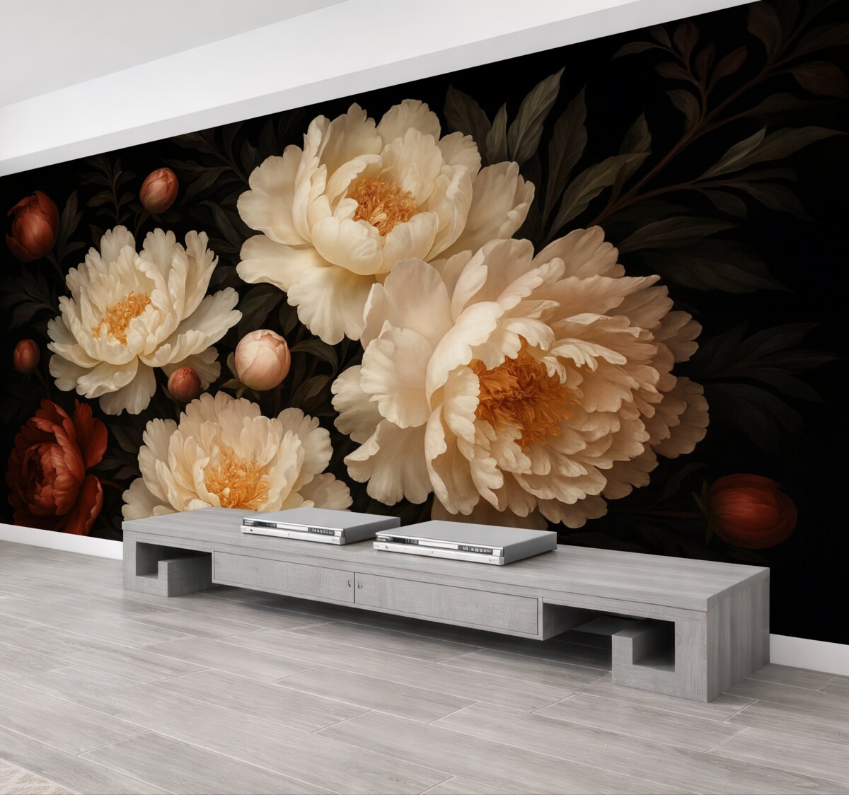 Fototapeta Duże białe piwonie z czerwonymi pączkami na ciemnym tle.