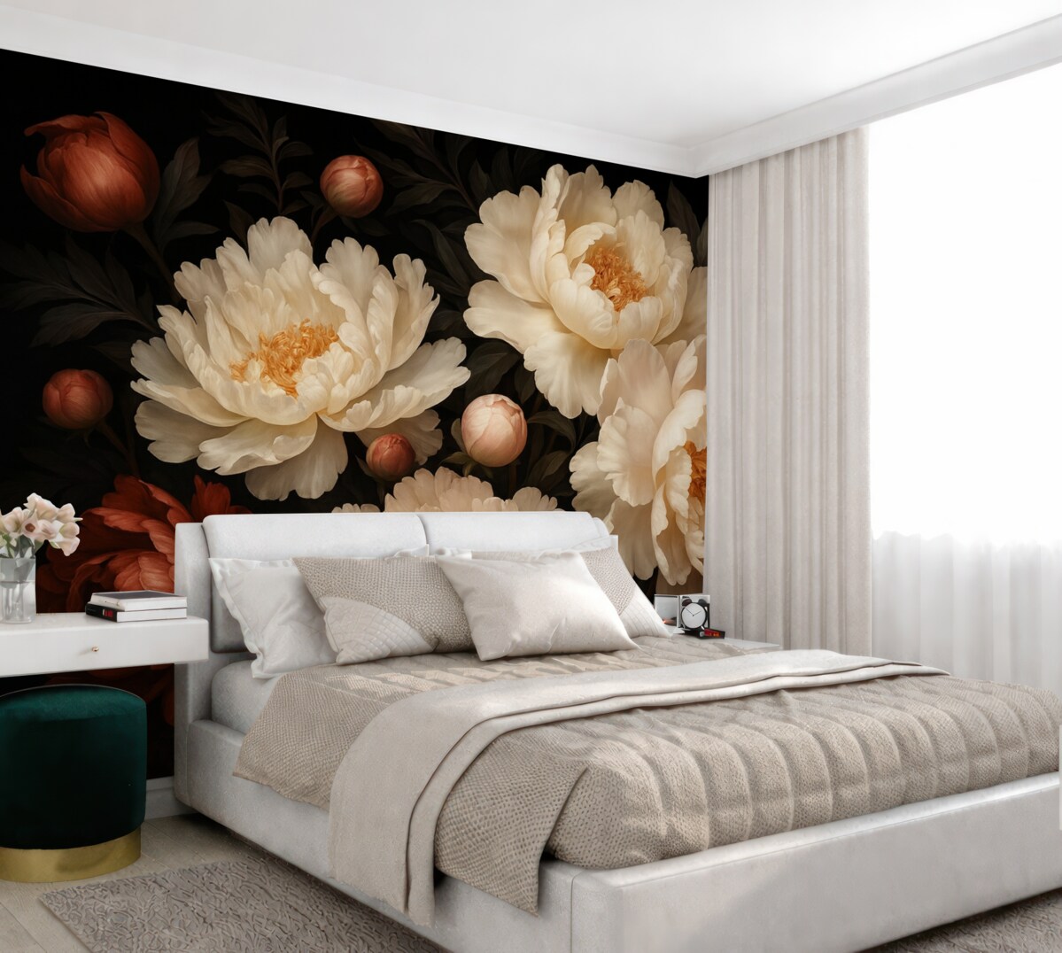 Fototapeta Duże białe piwonie z czerwonymi pączkami na ciemnym tle.