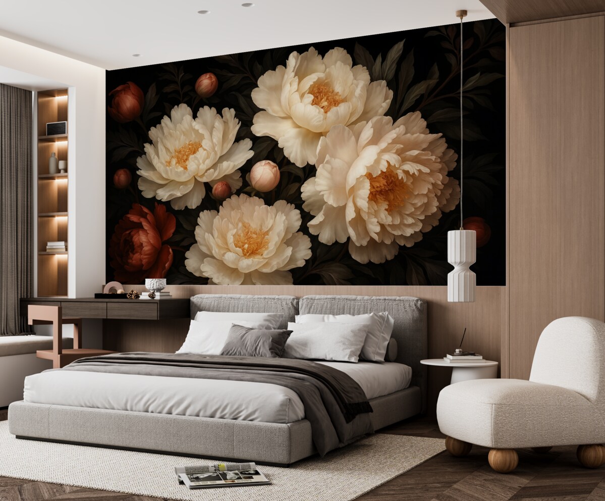 Fototapeta Duże białe piwonie z czerwonymi pączkami na ciemnym tle.