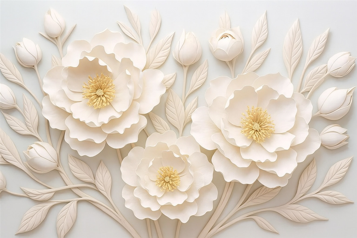 Fototapeta Reliefowe piwonie 3D w stylu malarskim z żółtym akcentem.