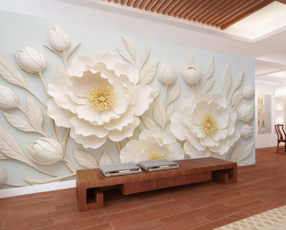 Fototapeta Reliefowe piwonie 3D w stylu malarskim z żółtym akcentem.