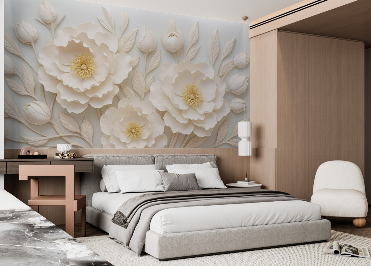 Fototapeta Reliefowe piwonie 3D w stylu malarskim z żółtym akcentem.