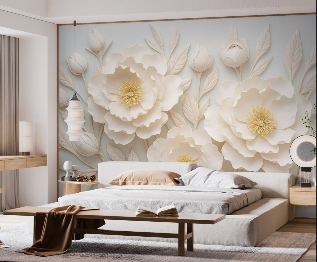 Fototapeta Reliefowe piwonie 3D w stylu malarskim z żółtym akcentem.