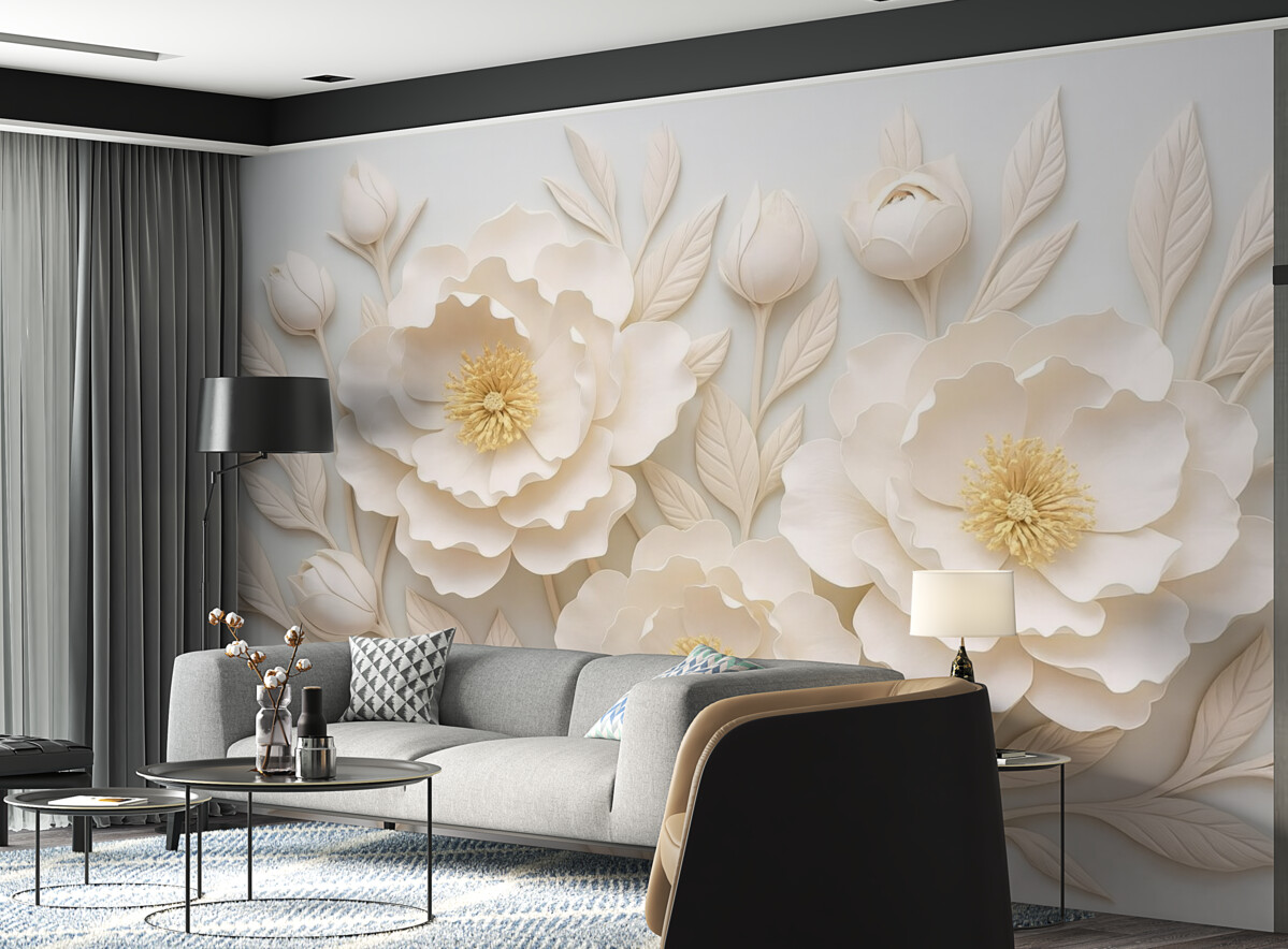 Fototapeta Reliefowe piwonie 3D w stylu malarskim z żółtym akcentem.