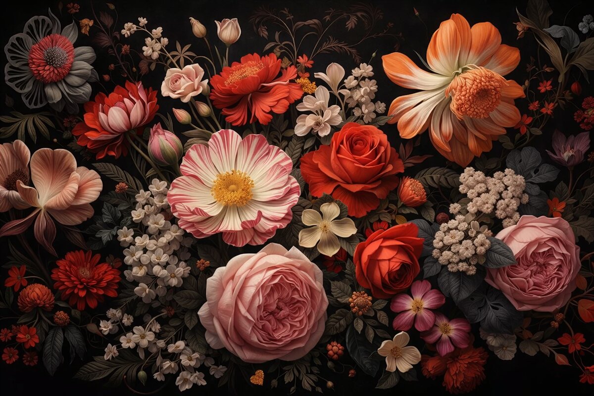 Fototapeta Wielobarwny bukiet różnych kwiatów na ciemnym tle w ciepłych tonach.