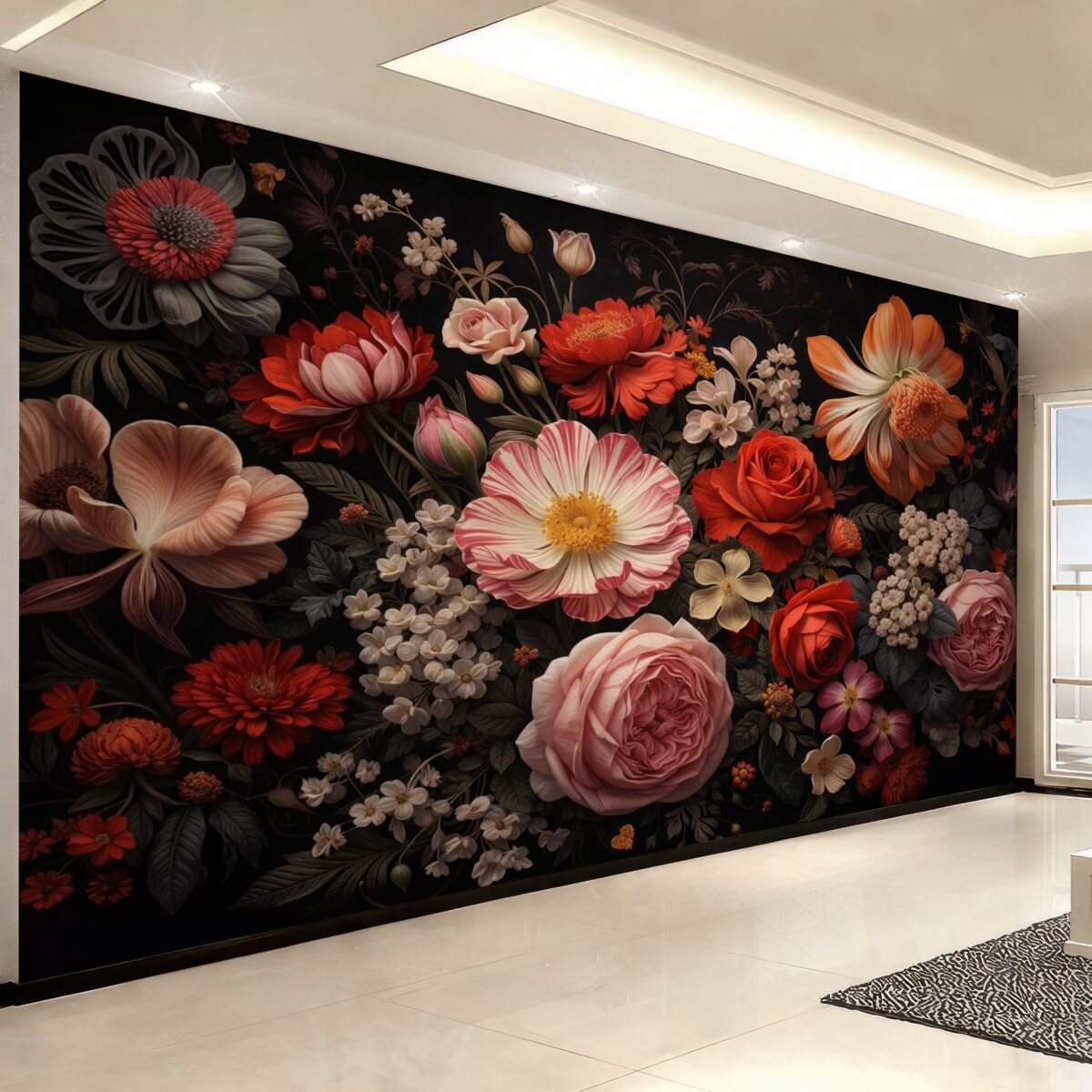 Fototapeta Wielobarwny bukiet różnych kwiatów na ciemnym tle w ciepłych tonach.