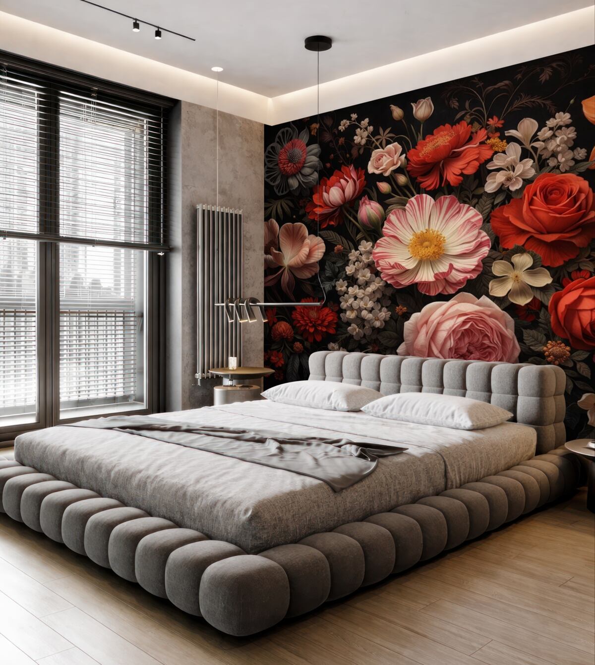 Fototapeta Wielobarwny bukiet różnych kwiatów na ciemnym tle w ciepłych tonach.