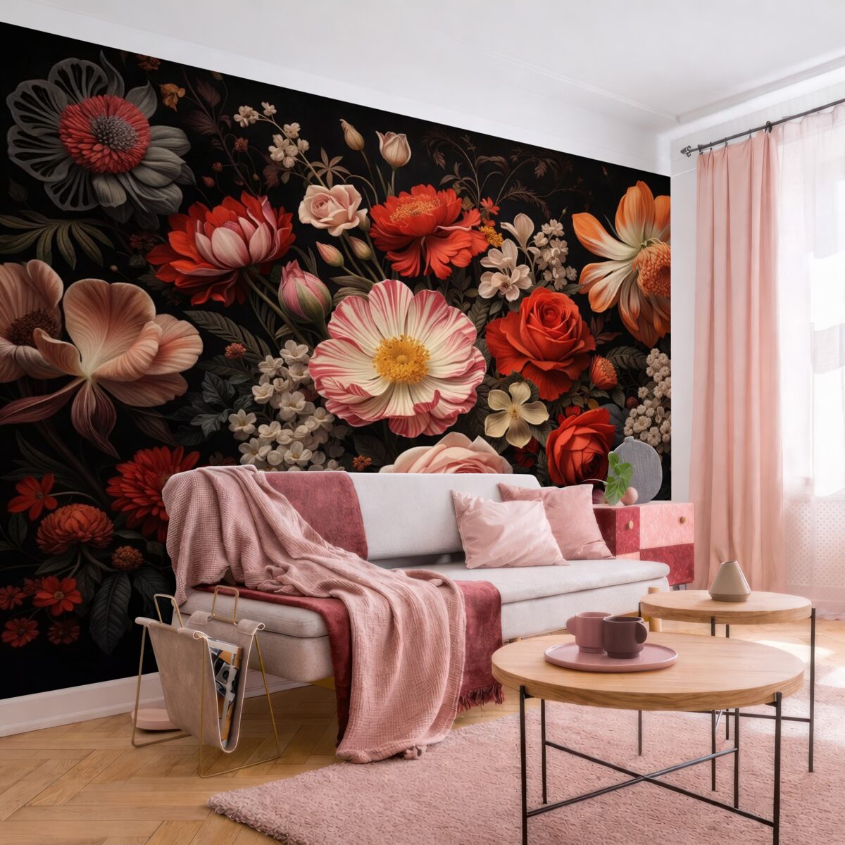 Fototapeta Wielobarwny bukiet różnych kwiatów na ciemnym tle w ciepłych tonach.