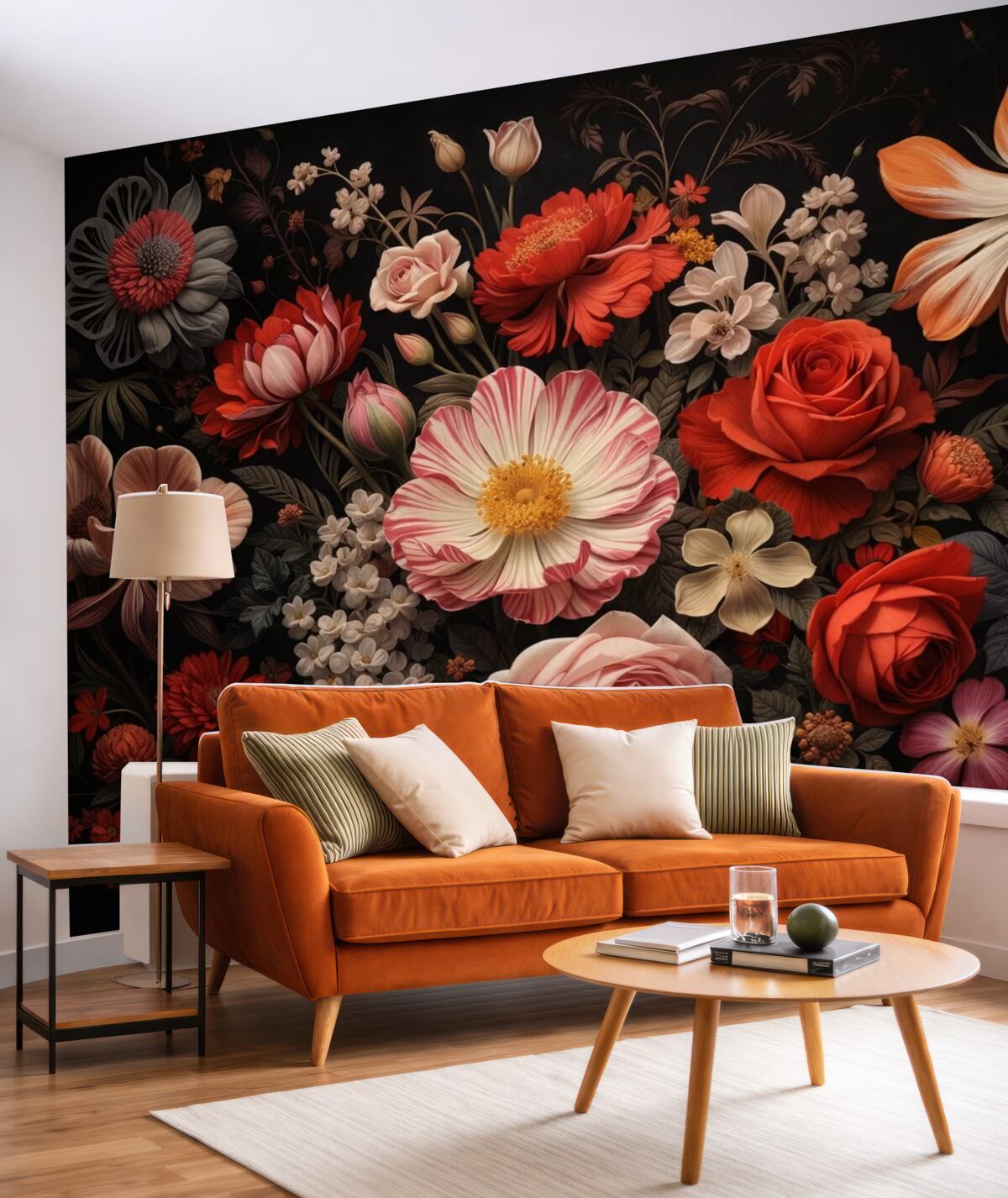 Fototapeta Wielobarwny bukiet różnych kwiatów na ciemnym tle w ciepłych tonach.