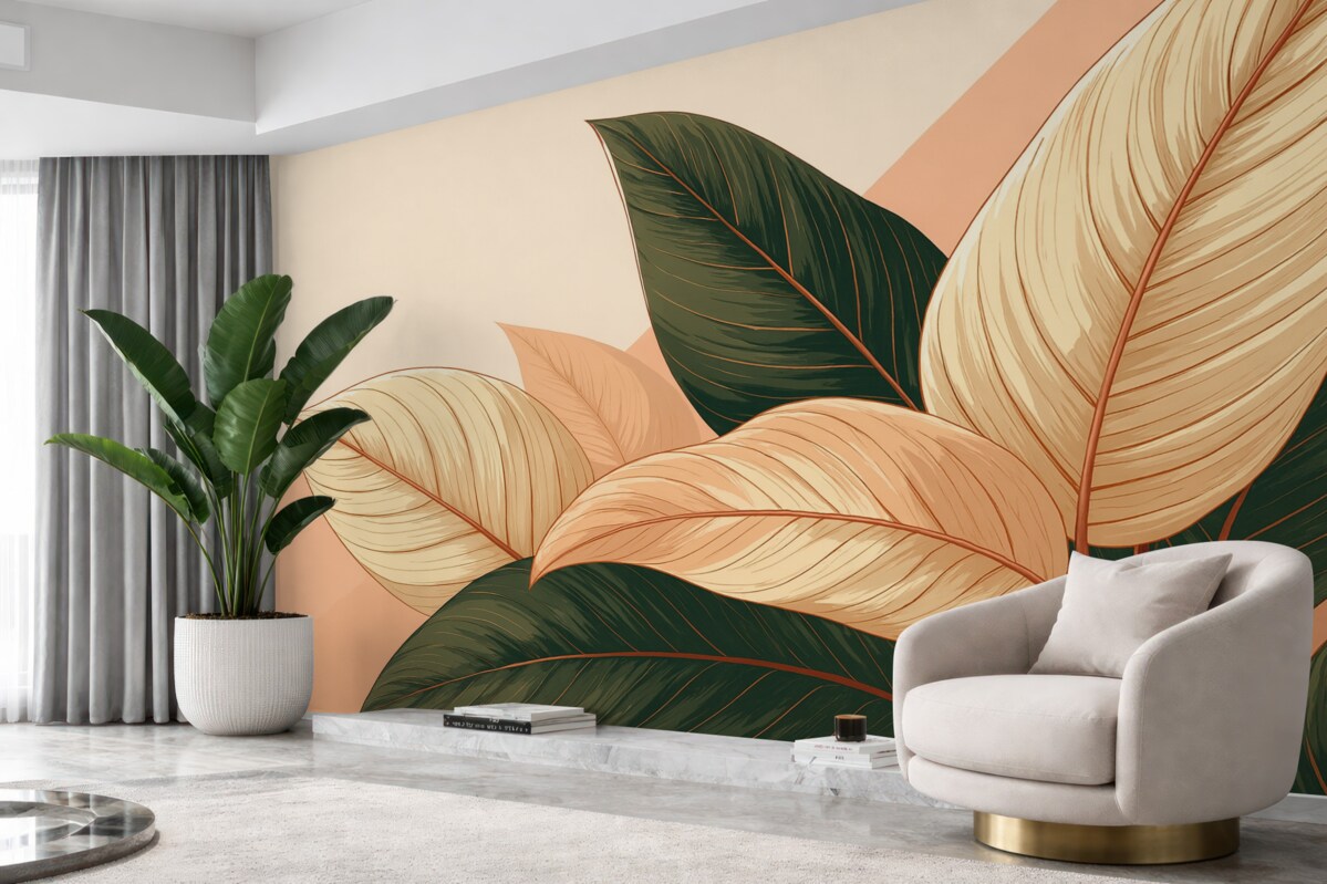 Fototapeta Zielono-beżowe, duże, tropikalne liście z różowym akcentem.