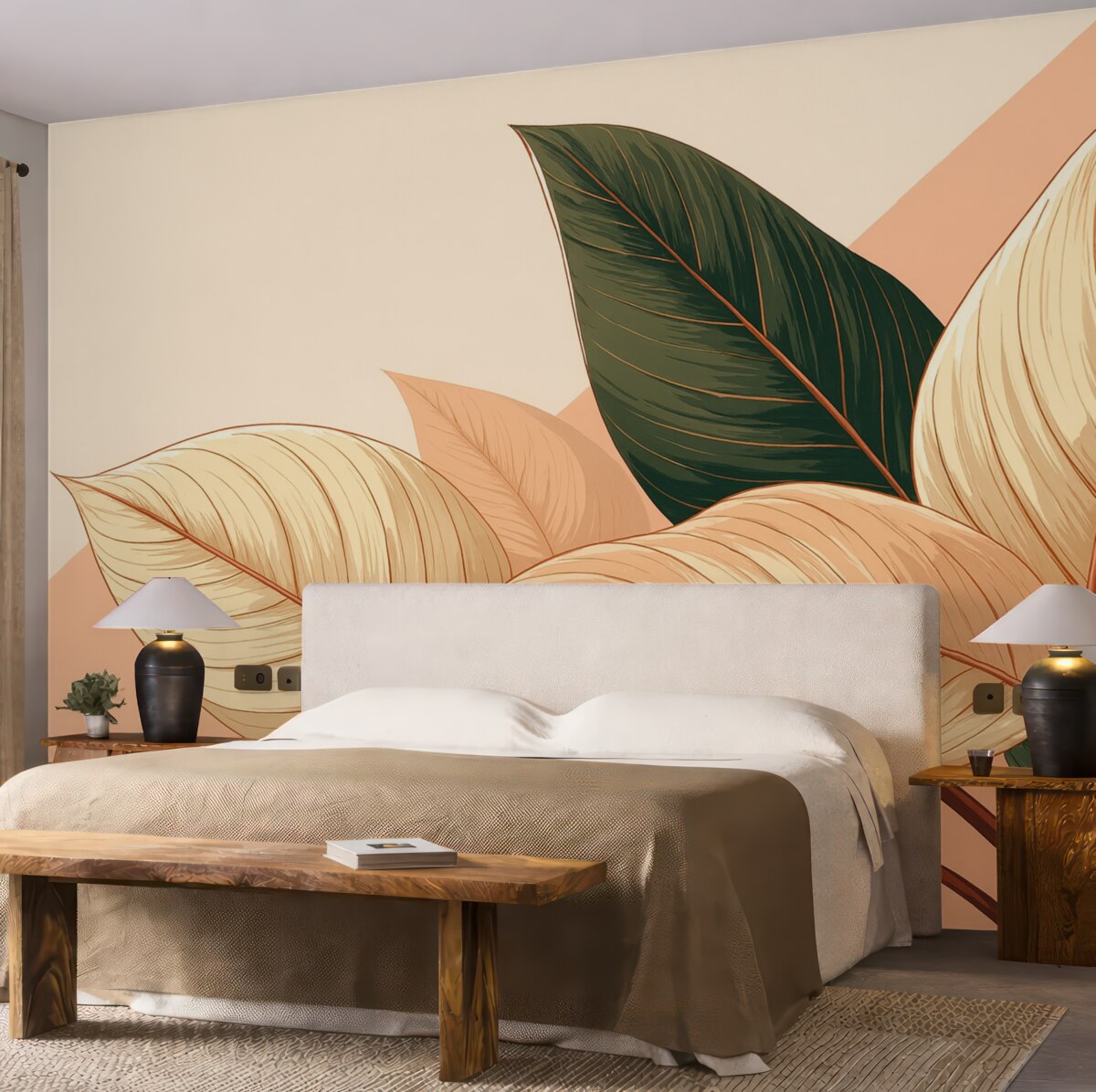 Fototapeta Zielono-beżowe, duże, tropikalne liście z różowym akcentem.