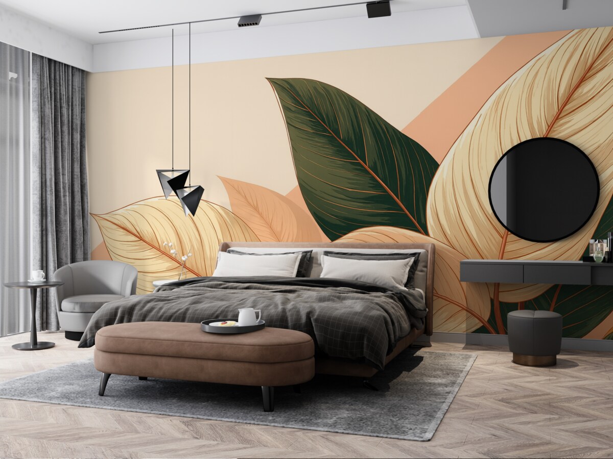 Fototapeta Zielono-beżowe, duże, tropikalne liście z różowym akcentem.