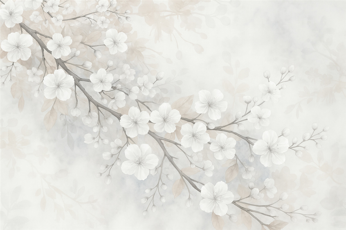 Fototapeta Gałązki wiśni z białymi kwiatami i srebrnymi liśćmi, na szykownych kwiatowych sylwetkach w subtelnych pastelowych odcieniach.