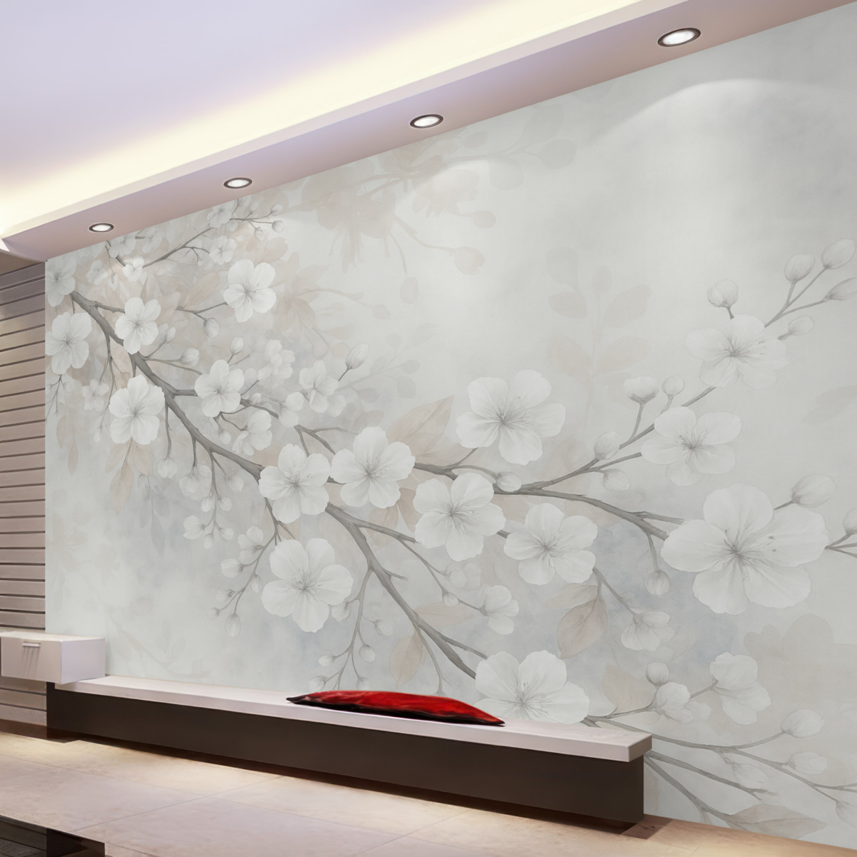 Fototapeta Gałązki wiśni z białymi kwiatami i srebrnymi liśćmi, na szykownych kwiatowych sylwetkach w subtelnych pastelowych odcieniach.