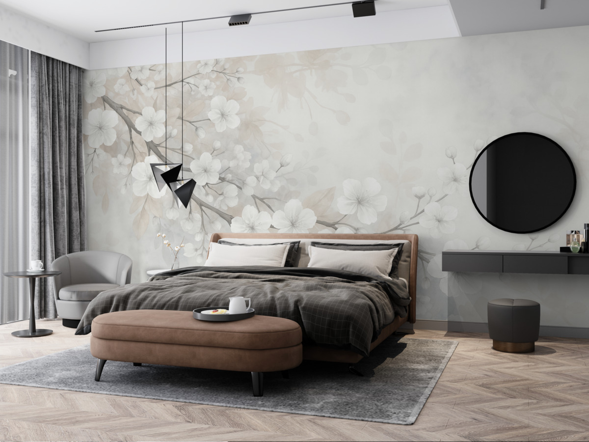 Fototapeta Gałązki wiśni z białymi kwiatami i srebrnymi liśćmi, na szykownych kwiatowych sylwetkach w subtelnych pastelowych odcieniach.