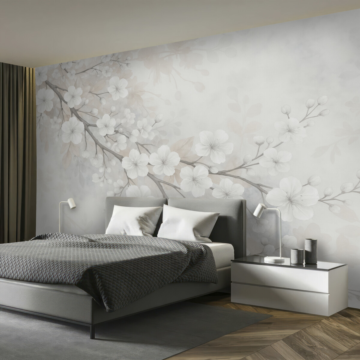 Fototapeta Gałązki wiśni z białymi kwiatami i srebrnymi liśćmi, na szykownych kwiatowych sylwetkach w subtelnych pastelowych odcieniach.