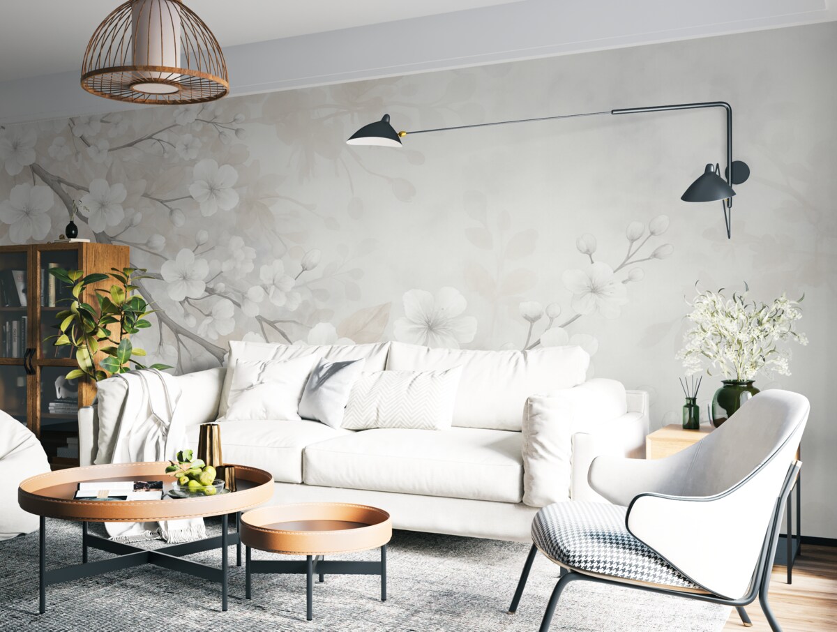 Fototapeta Gałązki wiśni z białymi kwiatami i srebrnymi liśćmi, na szykownych kwiatowych sylwetkach w subtelnych pastelowych odcieniach.